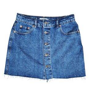 Pull&Bear Button‎ Front Blue Denim Mini Skirt Raw Hem Women's Size M